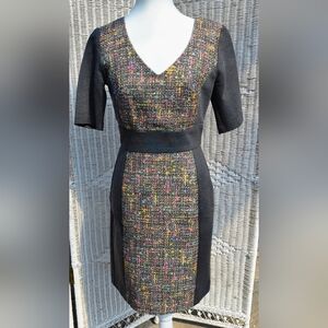 Trina Turk Size 4 Tweed Panel Sheath Dress Green Gray Beck Half Sleeve Lined